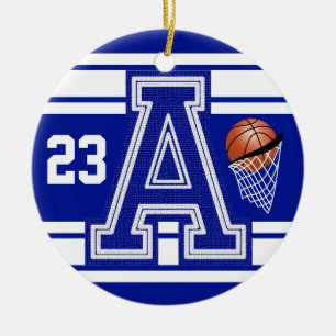 Dark Blue & White Basketball All Varsity Letters Ceramic Ornament