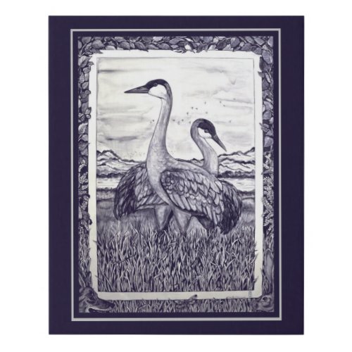 Dark Blue White Bird Crane Nature Landscape Faux Canvas Print