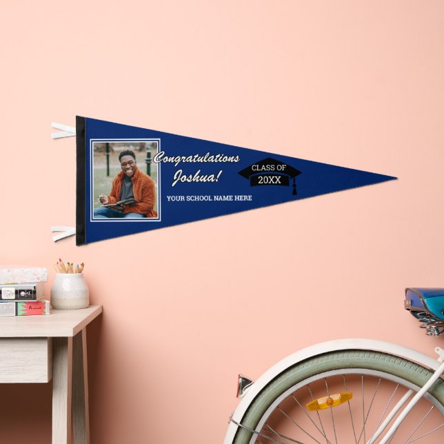 Dark Blue White Black Congratulations Grad Pennant Flag (Front)