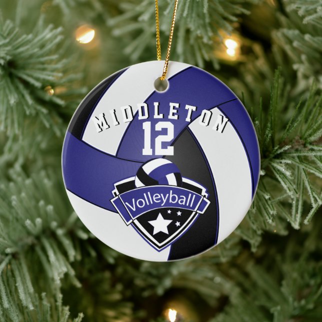 Dark Blue, White & Black Personalize 🏐 Volleyball Ceramic Ornament (Tree)