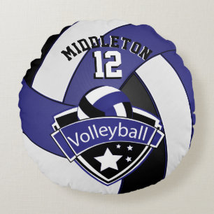 Dark Blue, White & Black Personalize Volleyball Round Pillow