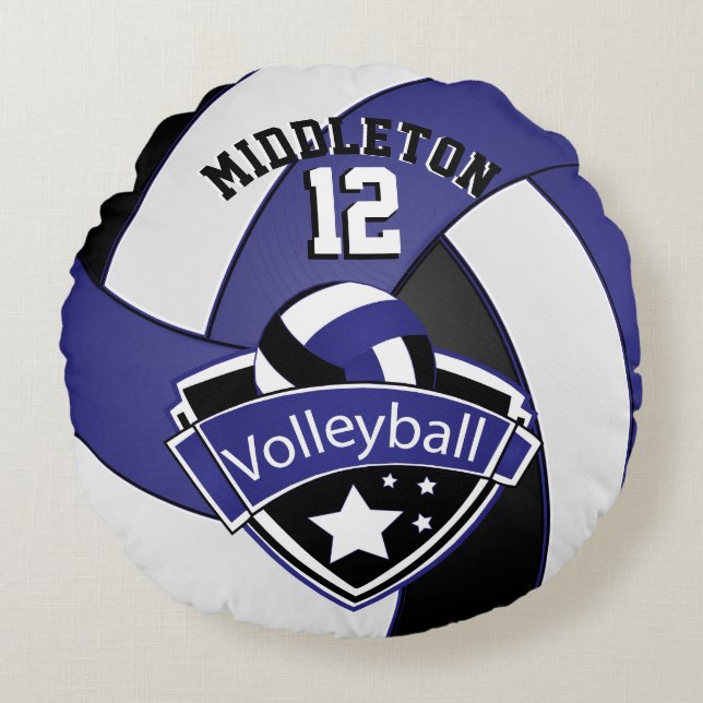 Dark Blue, White & Black Personalize Volleyball Round Pillow (Front)