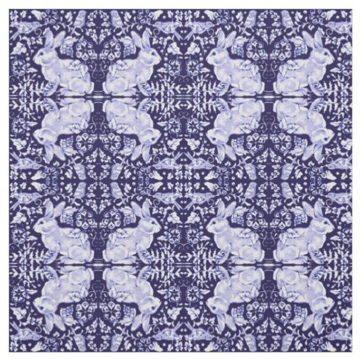 Dark Blue & White Bunny Rabbit Bird Small Print Fabric