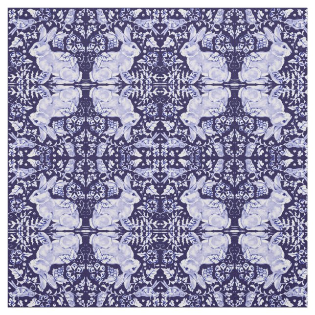 Dark Blue & White Bunny Rabbit Bird Small Print Fabric (Swatch)