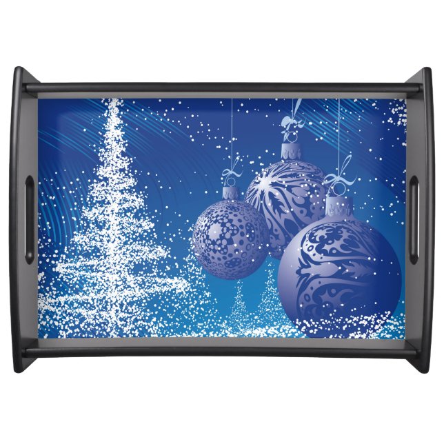 Dark Blue & White Christmas Tree & Ornaments Serving Tray (Front)