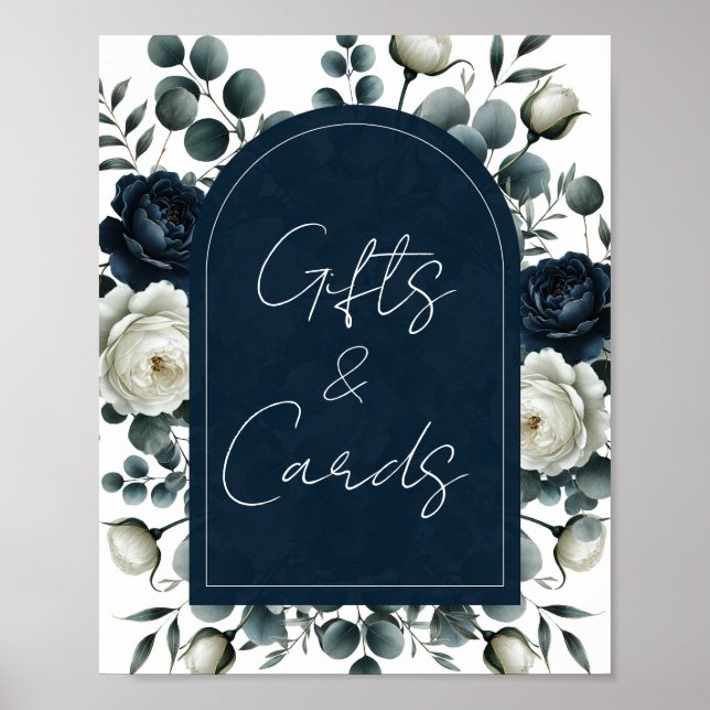 Dark Blue & White Floral Gifts & Cards Table Sign (Front)