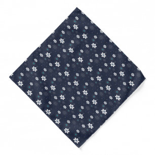 Dark Blue White Flowers Pattern Bandana