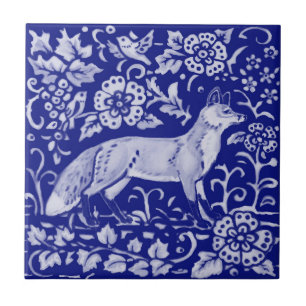 Dark Blue White Fox Bird Woodland Farmhouse 4 1/4" Ceramic Tile