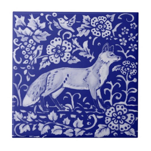 Dark Blue White Fox Bird Woodland Farmhouse 4 14 Ceramic Tile