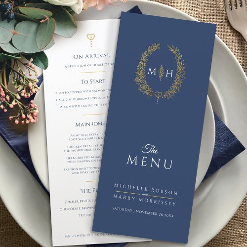 Dark blue white gold leaf oval monogram wedding menu