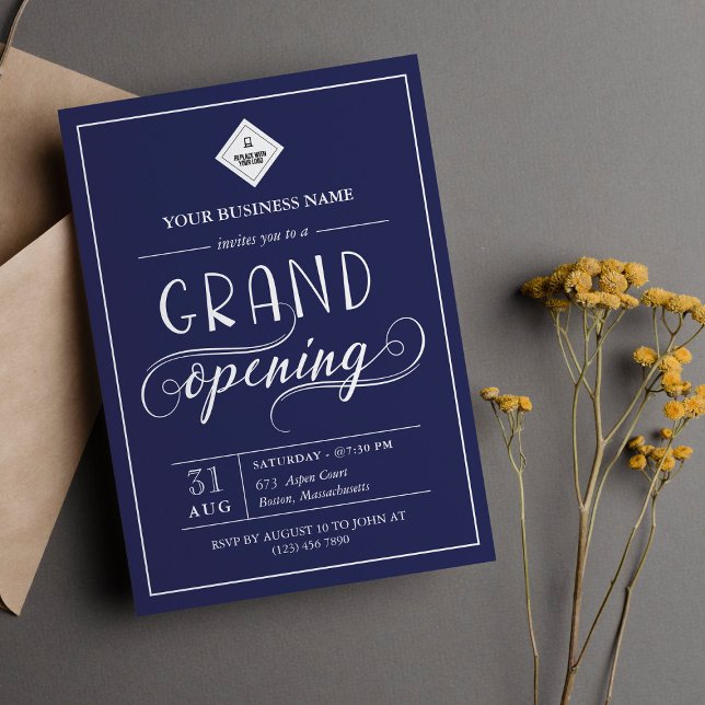 Dark Blue & White Grand Opening Your Logo Invitation (Creator Uploaded)