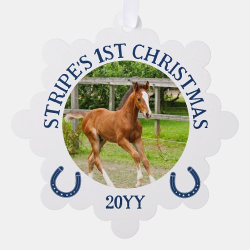 Dark Blue White Horseshoes Foals 1st Christmas Ornament Card