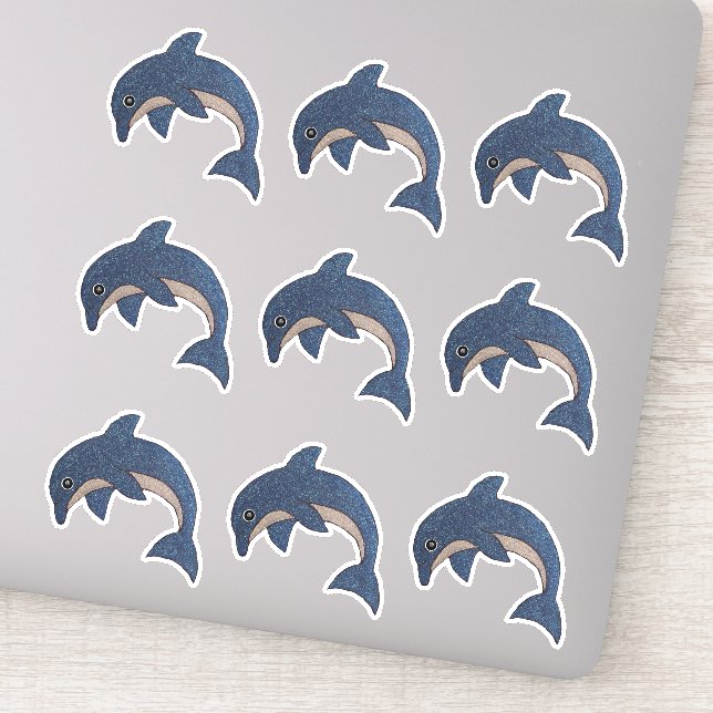 Dark Blue White Jumping Dolphins Faux Glitter Look Sticker (Detail)