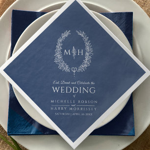 Dark blue white leaf oval monogram art wedding paper dinner napkins