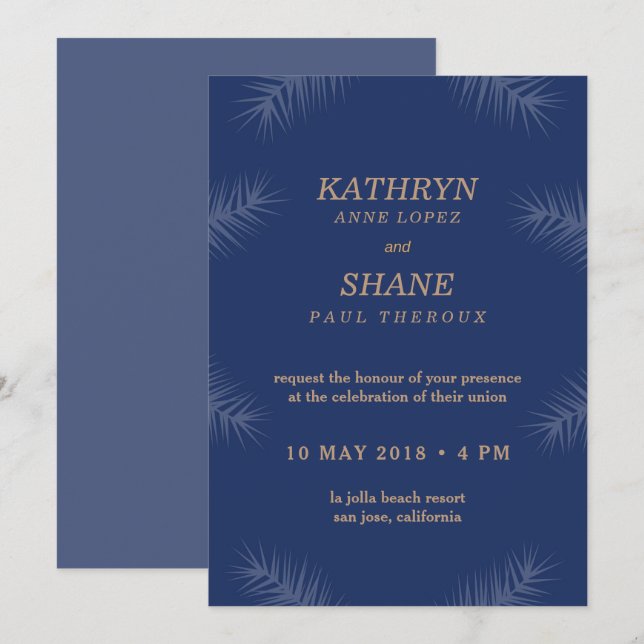 Dark Blue White Leaves Beach Wedding Invitation (Front/Back)