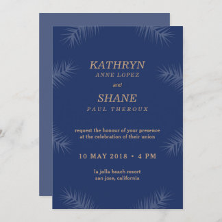Dark Blue White Leaves Beach Wedding Invitation