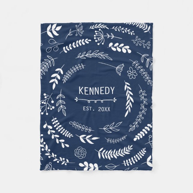 Dark Blue White Leaves Floral Monogram Pattern Fleece Blanket (Front)