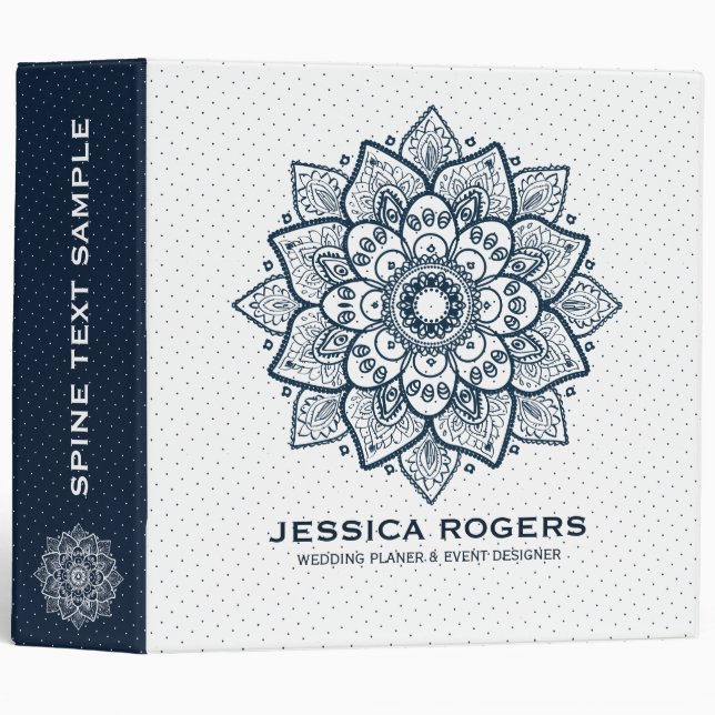 Dark Blue White Mandala & Dots Pattern 3 Ring Binder (Front/Spine)