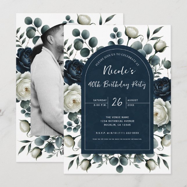 Dark Blue & White Modern Floral Birthday Party Invitation (Front/Back)