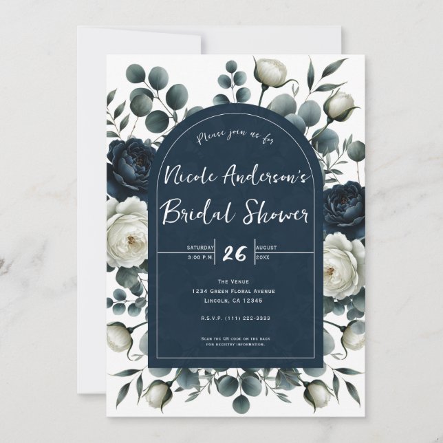 Dark Blue & White Modern Floral Bridal Shower Invitation (Front)