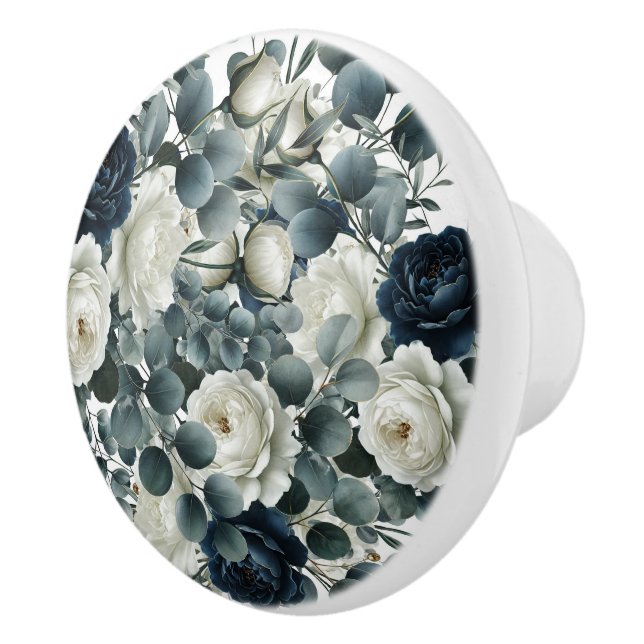Dark Blue & White Modern Floral Greenery  Ceramic Knob (Right)