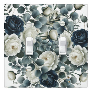 Dark Blue & White Modern Floral Greenery Light Switch Cover