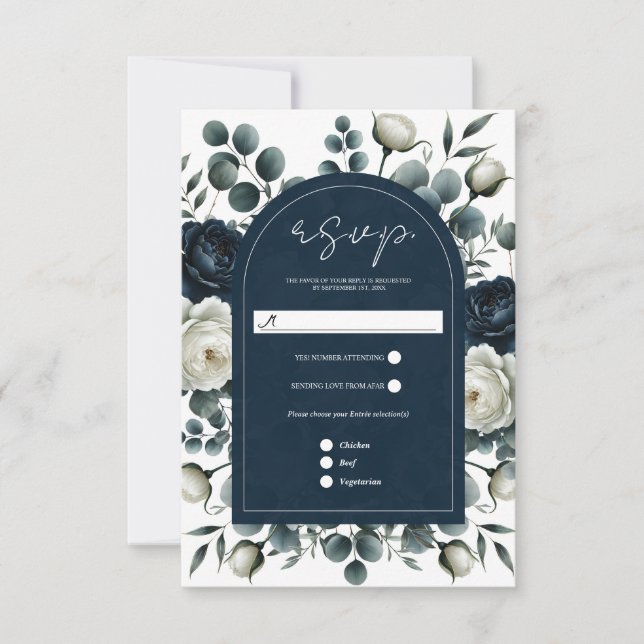 Dark Blue & White Modern Floral Greenery RSVP (Front)