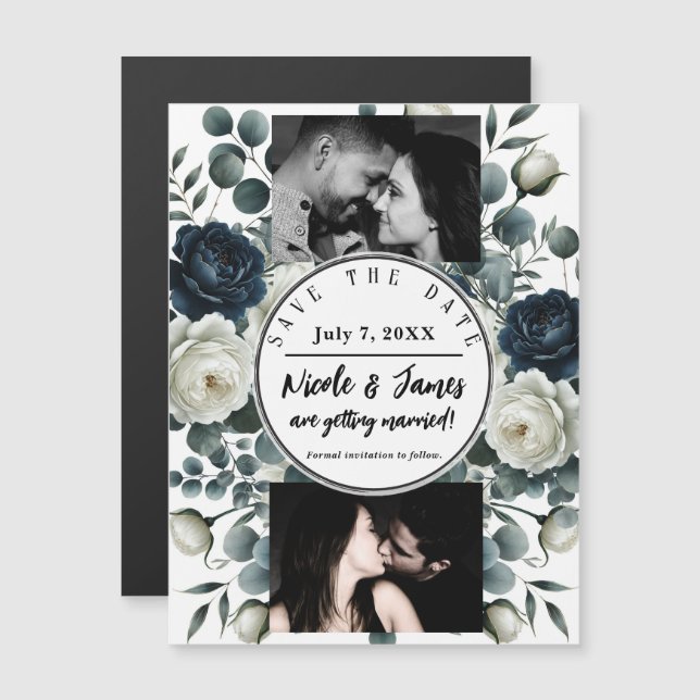 Dark Blue & White Modern Floral Greenery Save Date (Front/Back)
