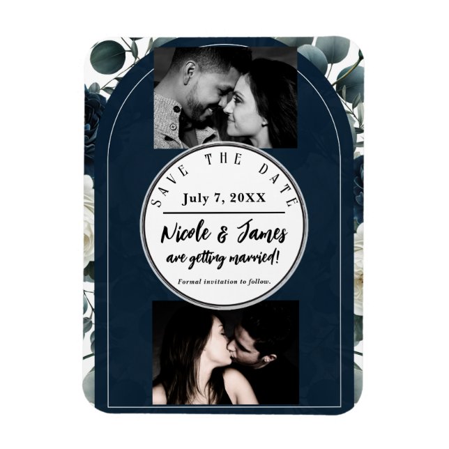 Dark Blue & White Modern Floral Greenery Save Date Magnet (Vertical)