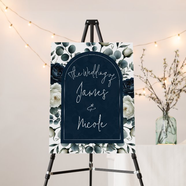Dark Blue & White Modern Floral Greenery Wedding Foam Board (In Situ (Stand))