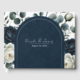 Dark Blue & White Modern Floral Greenery Wedding Guest Book