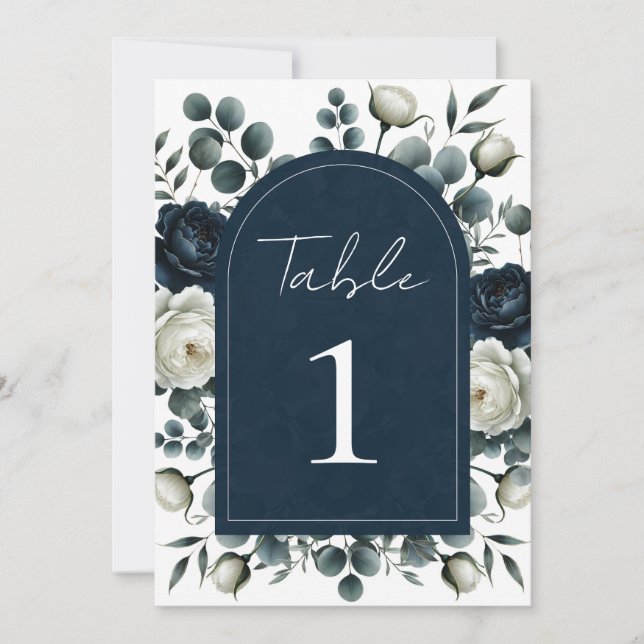 Dark Blue & White Modern Floral Greenery Wedding Invitation (Front)
