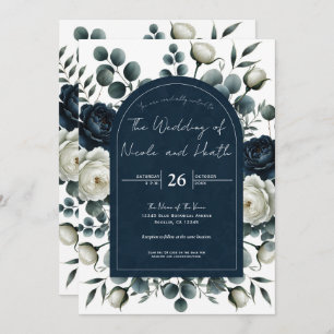 Dark Blue & White Modern Floral Greenery Wedding Invitation