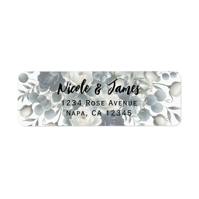 Dark Blue & White Modern Floral Greenery Wedding Label (Front)