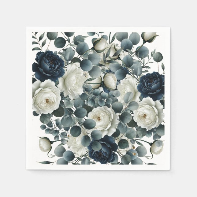Dark Blue & White Modern Floral Greenery Wedding Napkins (Front)