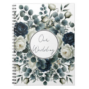 Dark Blue & White Modern Floral Greenery Wedding Notebook