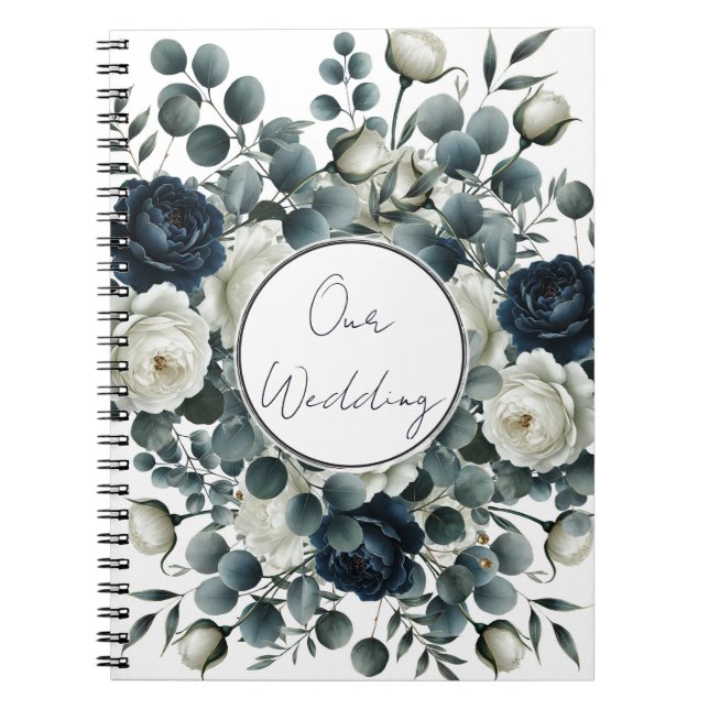 Dark Blue & White Modern Floral Greenery Wedding Notebook (Front)