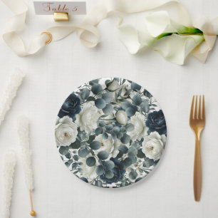 Dark Blue & White Modern Floral Greenery Wedding Paper Plates