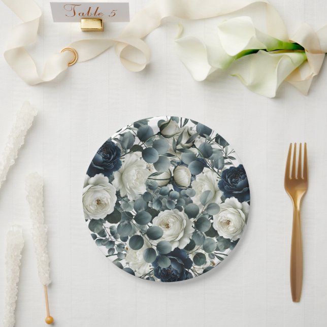 Dark Blue & White Modern Floral Greenery Wedding Paper Plates (Wedding)