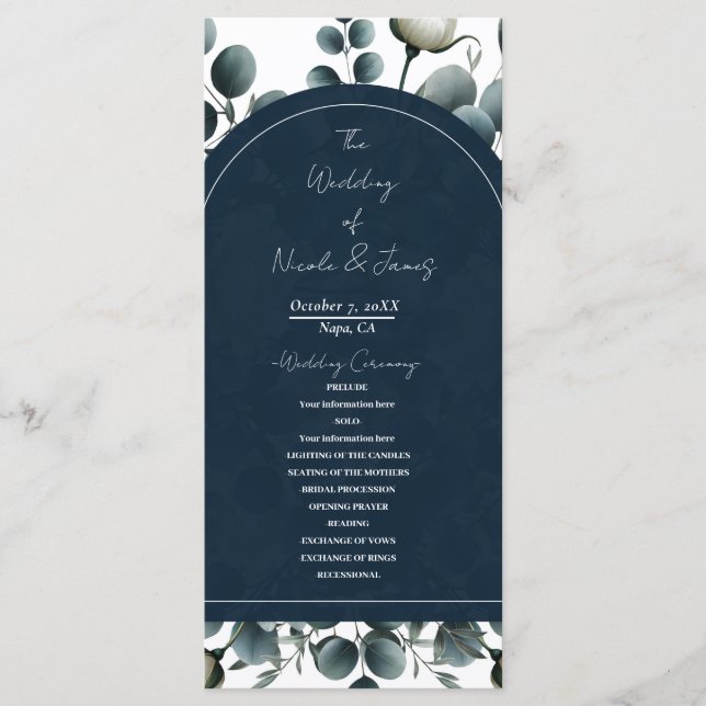 Dark Blue & White Modern Floral Greenery Wedding Program (Front)