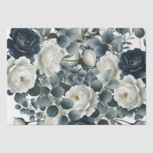 Dark Blue & White Modern Floral Greenery Wedding Tissue Paper