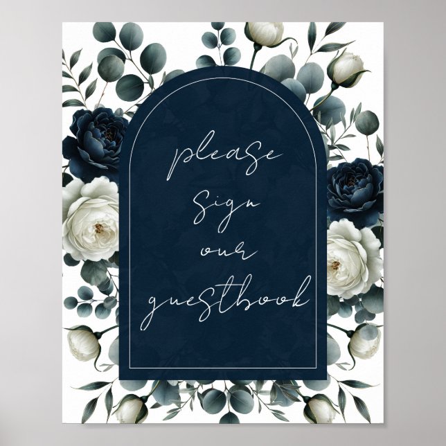 Dark Blue & White Modern Floral Guestbook Sign (Front)