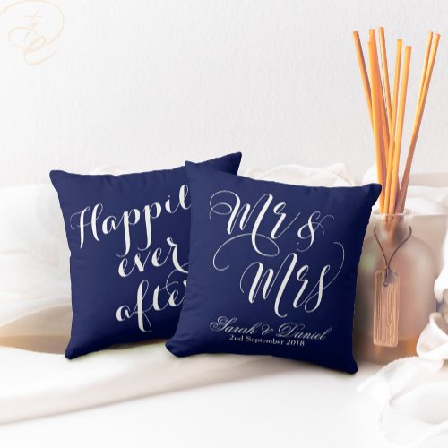 Dark Blue White Mr  Mrs Wedding Keepsake Pillow