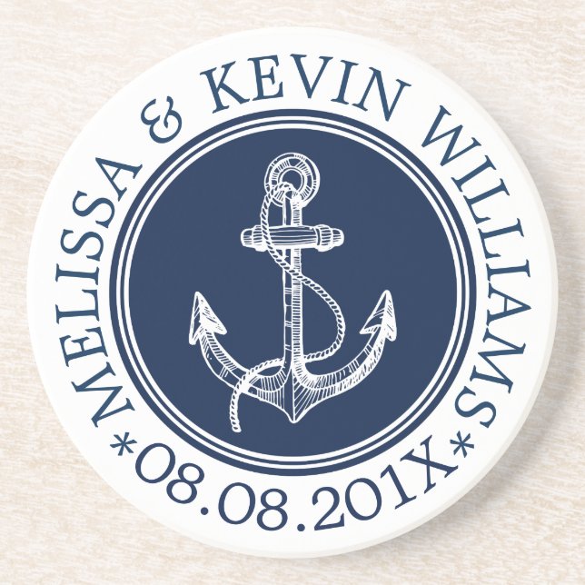 Dark Blue & White Nautical Boat Anchor Drink Coaster (Front)