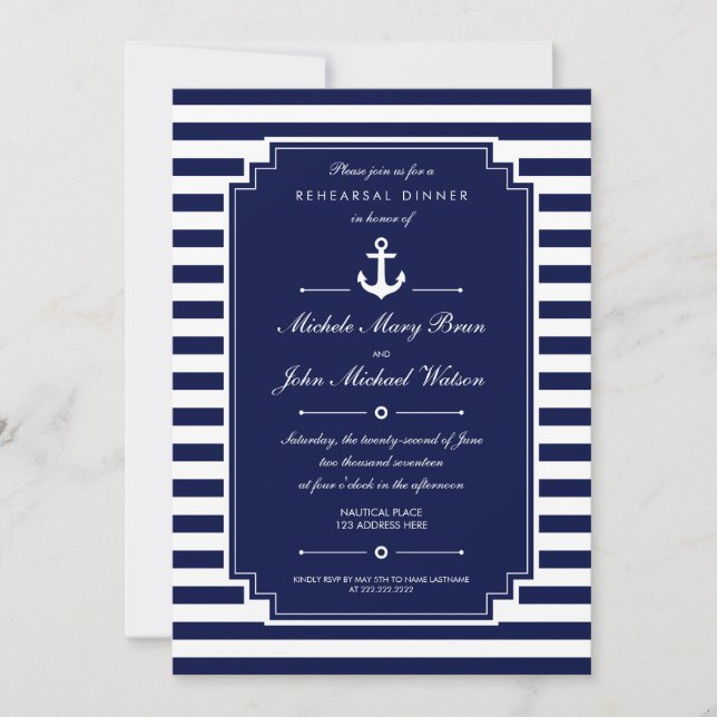 Dark Blue White Nautical Rehearsal Dinner Invite (Front)