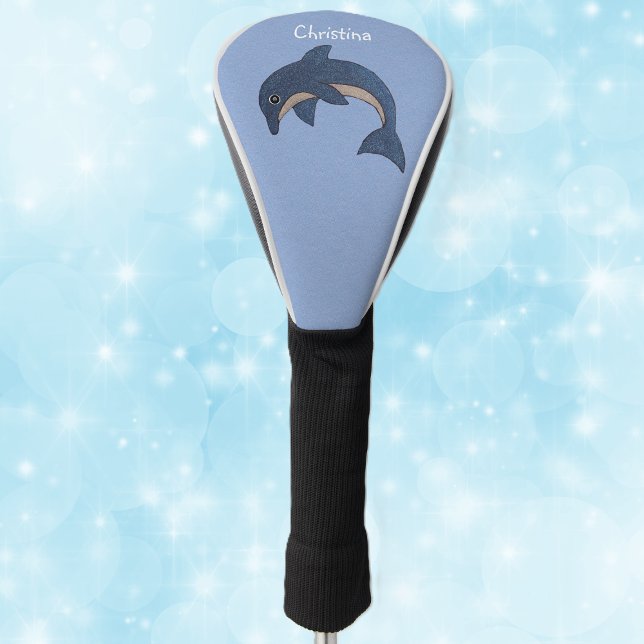 Dark Blue White Ocean Jumping Dolphin Swirl Eye Golf Head Cover (Sparkle like jumping blue and white dolphin on blue golf club cover.)