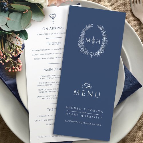 Dark blue white oval monogram wedding menu