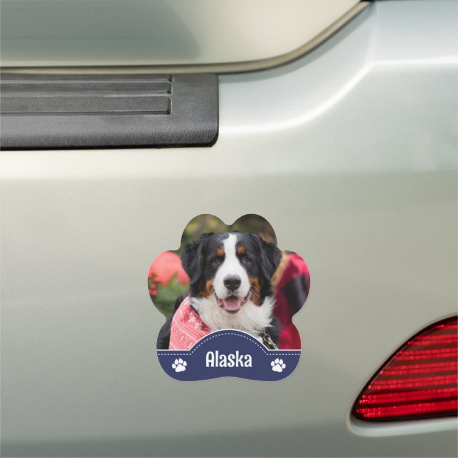 Dark Blue White Paw Prints Dog Photo & Name Car Magnet (In Situ)