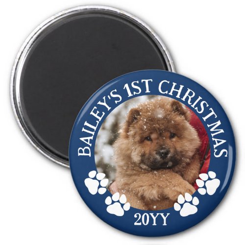 Dark Blue White Paw Prints Puppys 1st Christmas Magnet