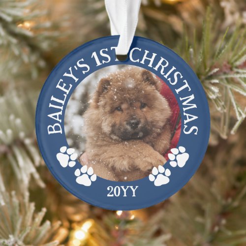 Dark Blue White Paw Prints Puppys 1st Christmas Ornament